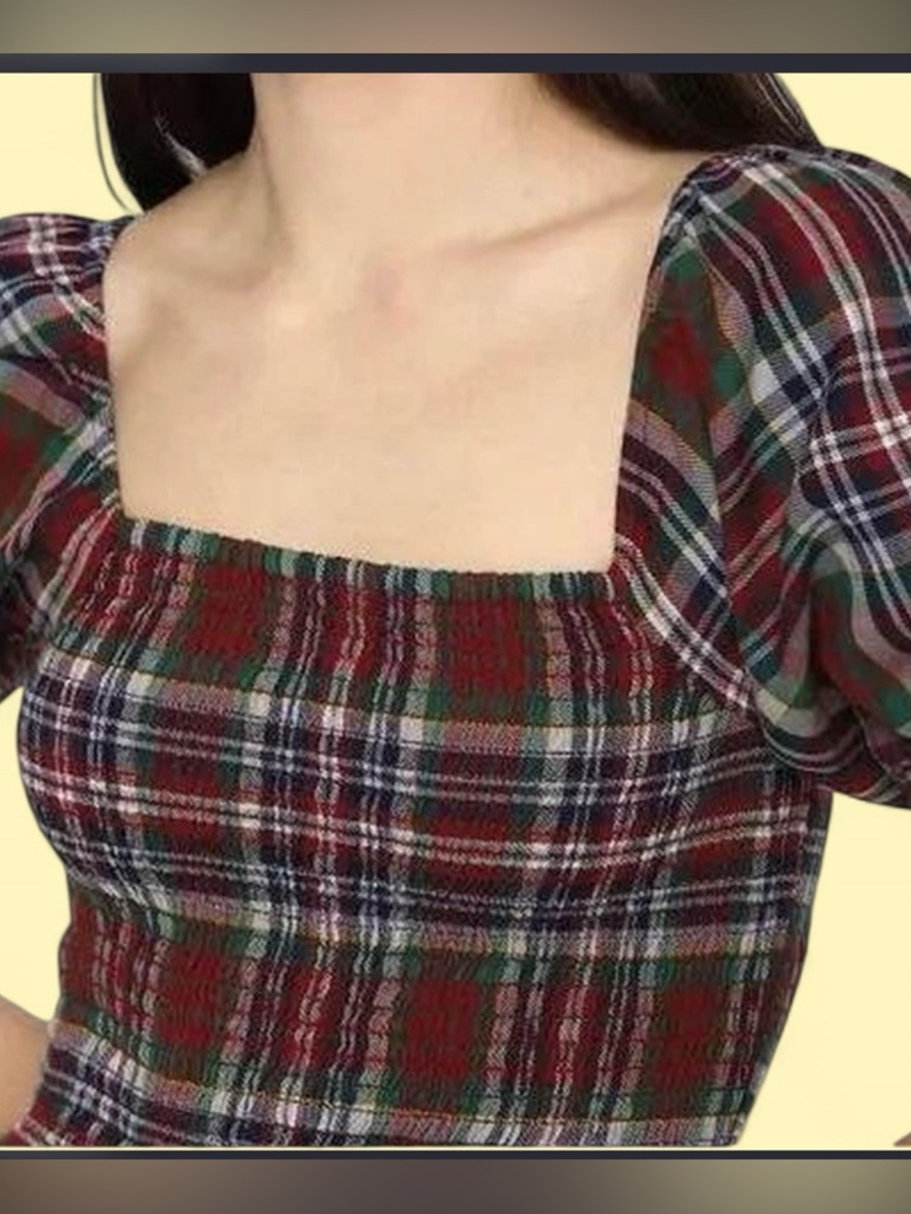 American Eagle Outfitters Red Green Plaid Square Neck Puff-Sleeve Top